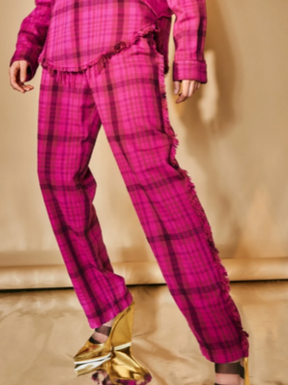 Raquel Allegra Pink Plaid Fringe Pants Women’s Small